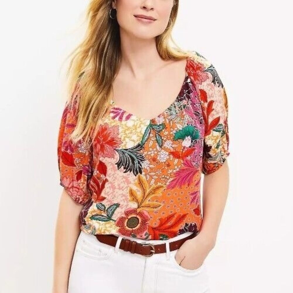 Loft Patchwork Bloom Blouse Size Medium Orange Pi… - image 1